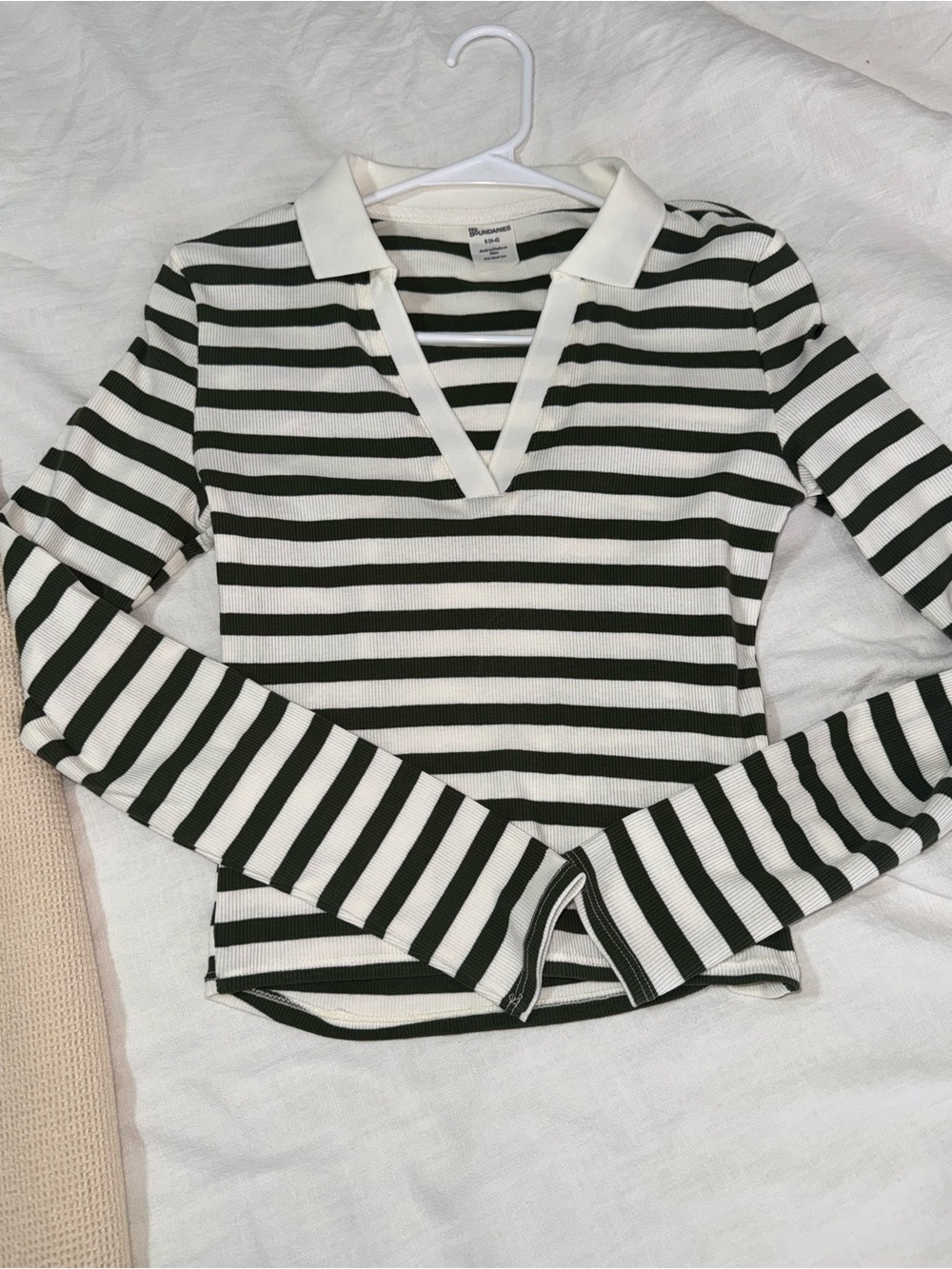 Green & White Striped Polo V-Neck Top